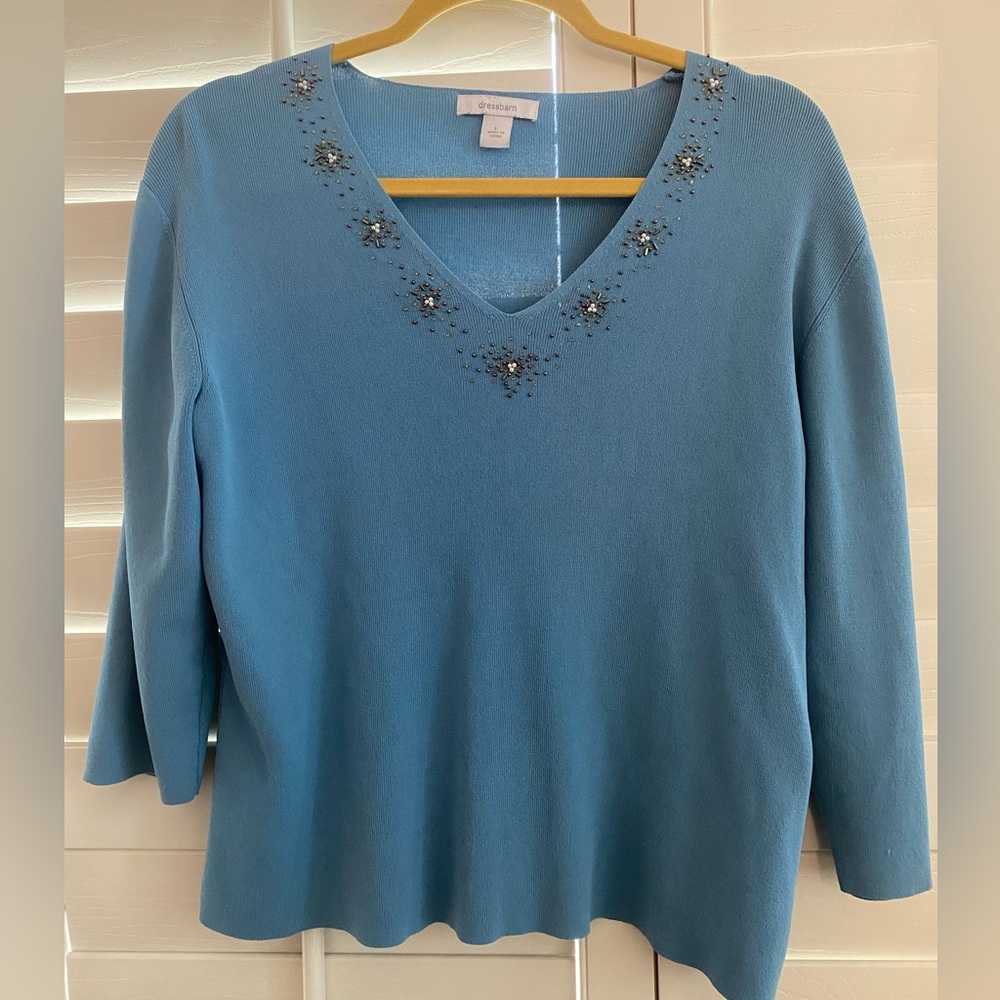 Dressbarn Blue Embellished V-Neck 3/4 Sleeves Sweater size Large